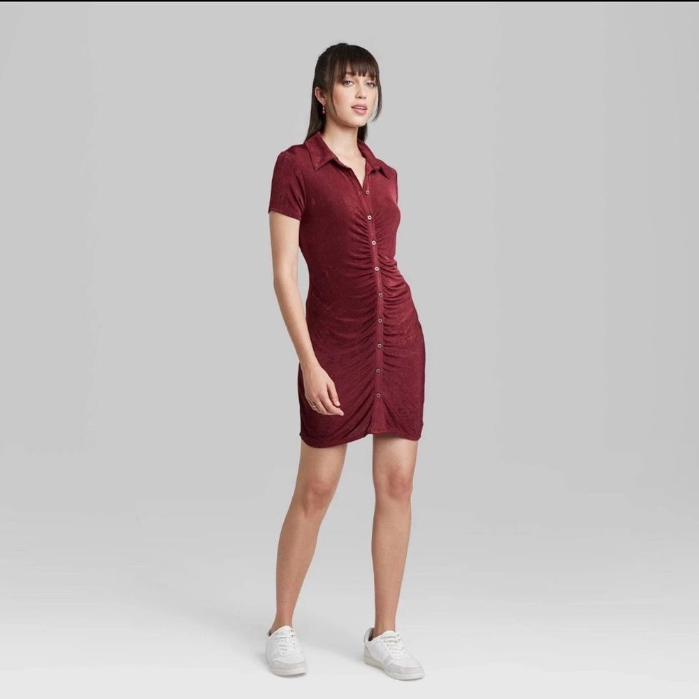 Wild Fable Short Sleeve Button Down Berry Red Dress - MEDIUM